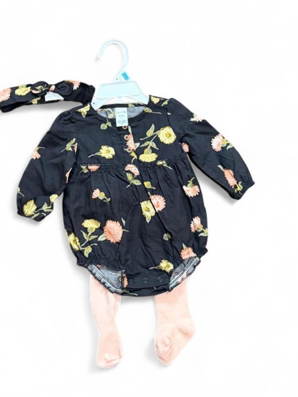Carter's Black Floral 3-Piece Romper Set 6-9m NWT